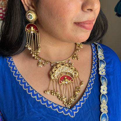 Ghoomar Red Brass Hasli Set