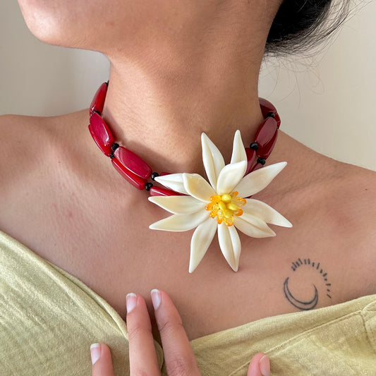 Tropical Flower Red Detailed Handmade Beaded Neckpiece