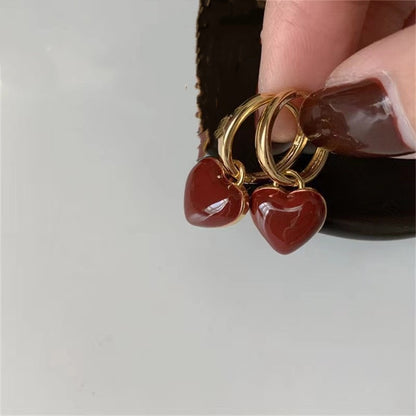 Cherry Red Heart Drop Hoops