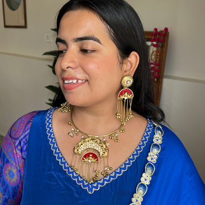 Ghoomar Red Brass Hasli Set