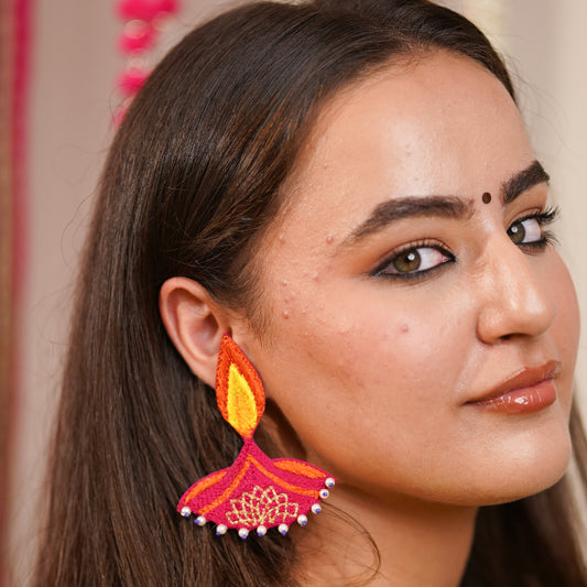 Aanch Diya Shaped Pink Handmade Beaded Earrings