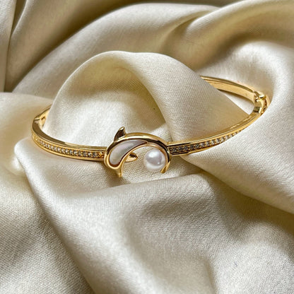 Pearl Dolphin Stainless Steel Gold Bracelet