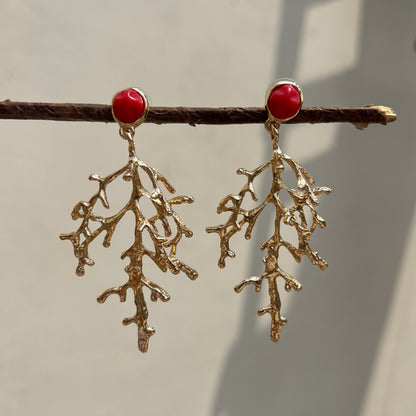 Red Stone Tree Drop Earrings