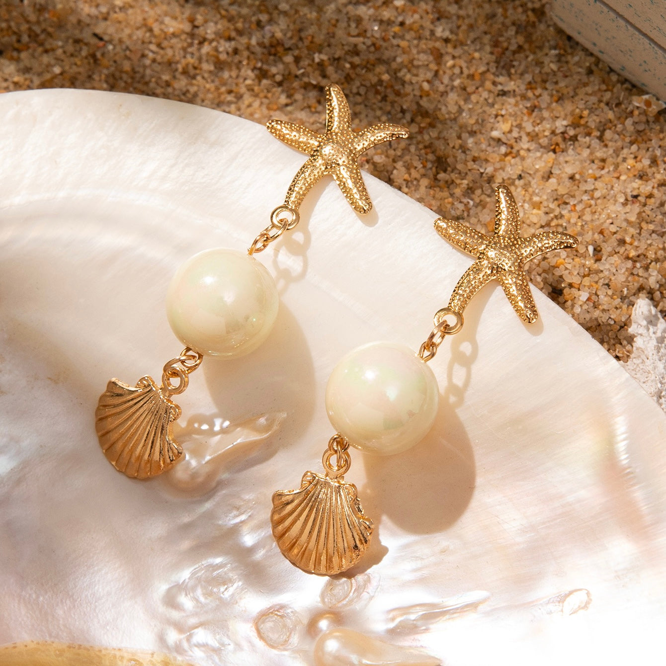 Beachy Shell Pearl Drop Metal Earring