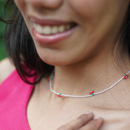 Cherry Red Dainty Handmade Beaded Necklace