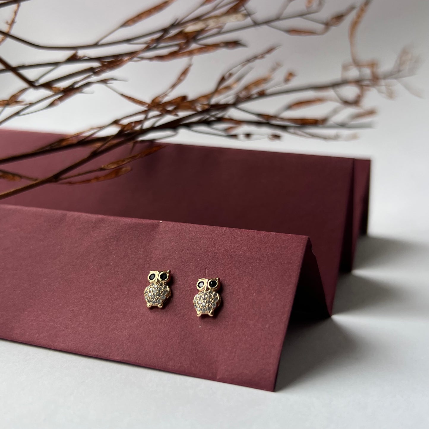 Gold Plated Owl Shaped Cubic Zirconia Studs