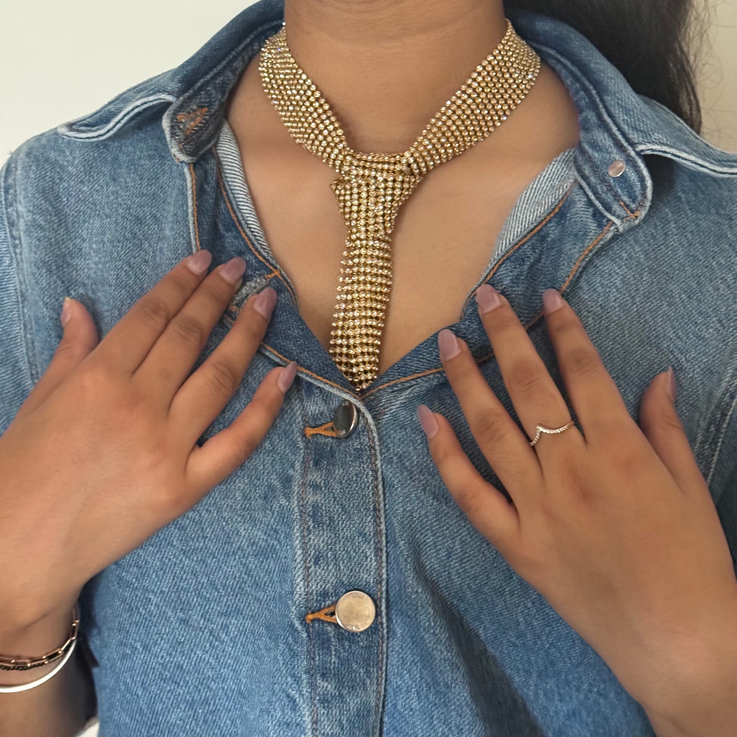 Golden Tie Rhinestone Necklace