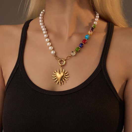 Radiant Heart & Sun Beaded Metal Necklace