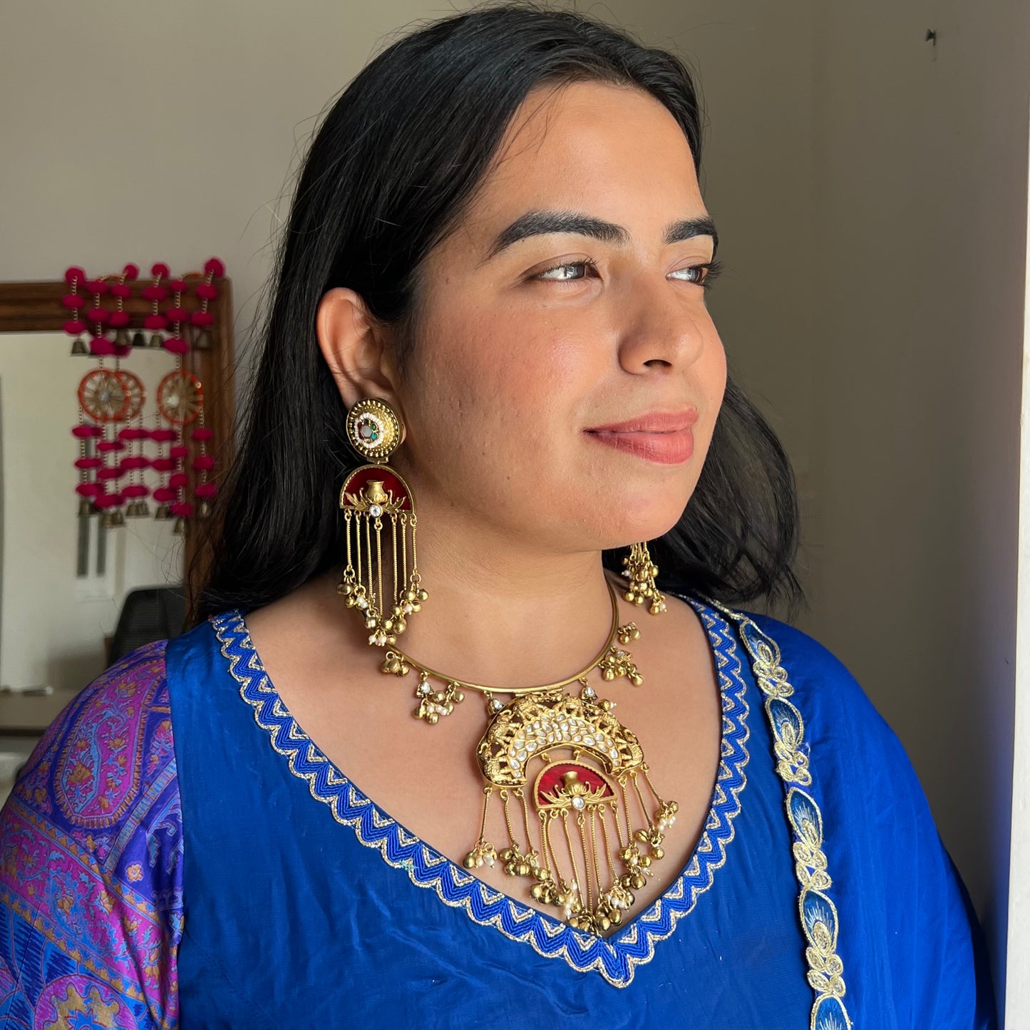 Ghoomar Red Brass Hasli Set