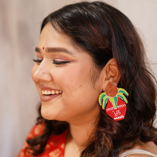 Shubhaarambh Red Kalash Handmade Beaded Earrings