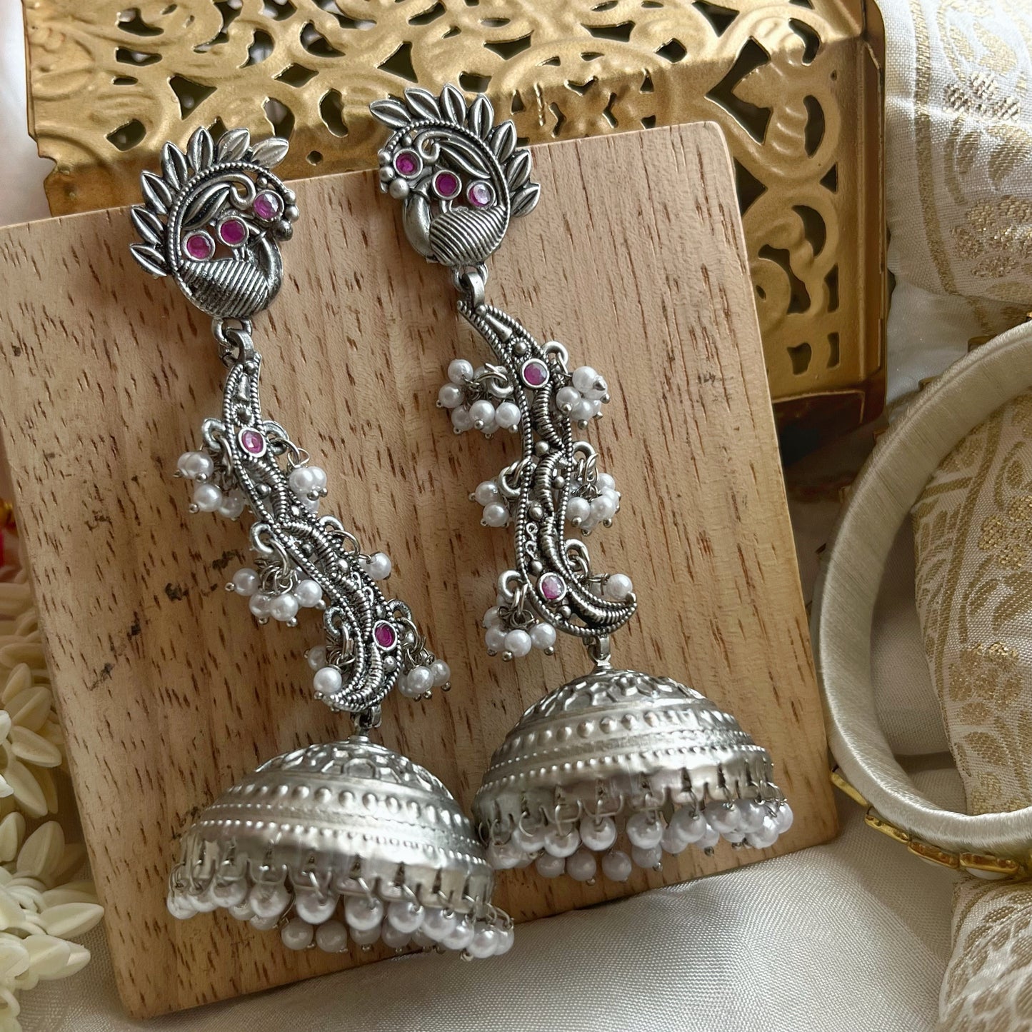 Anarghya Red Silver Temple Earrings