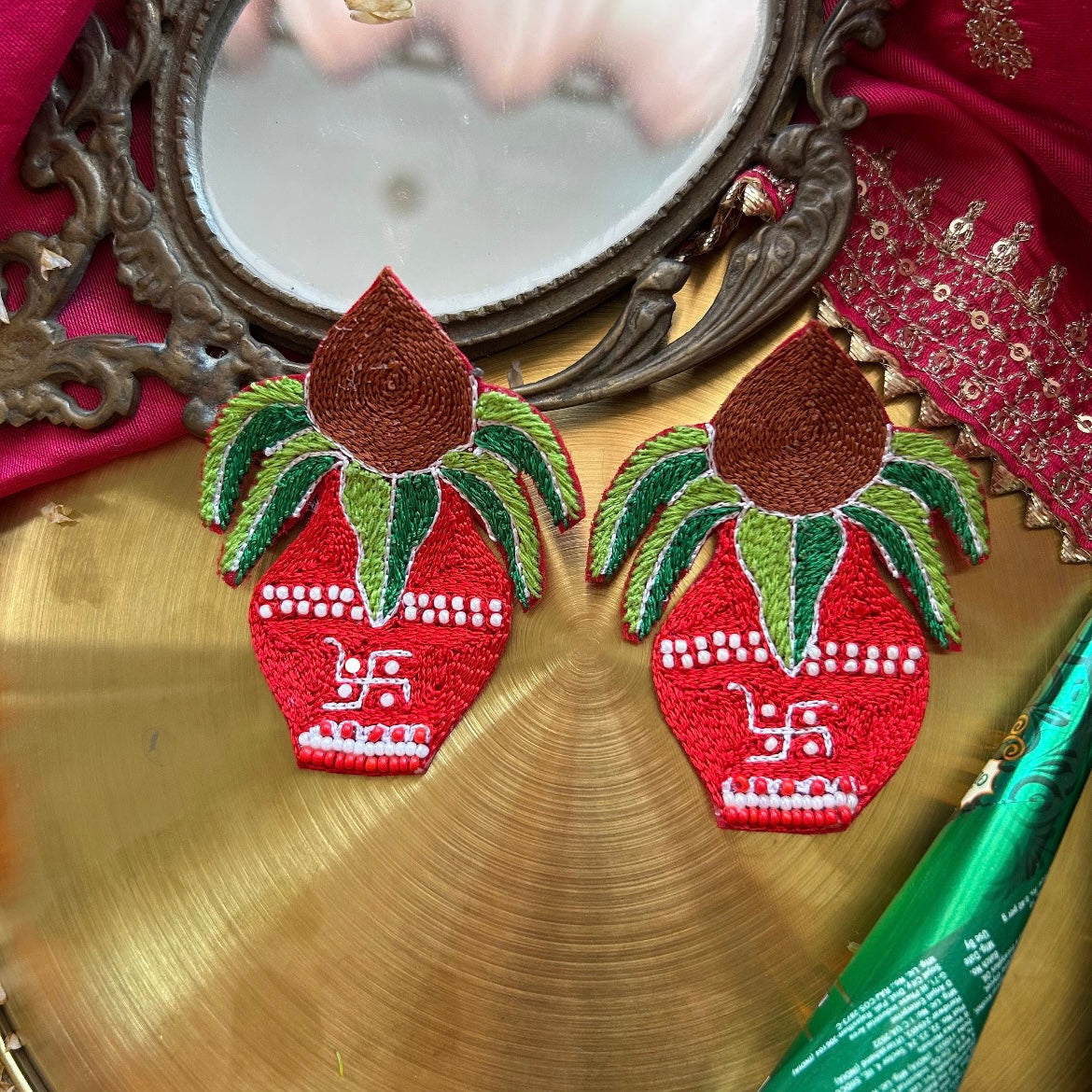 Shubhaarambh Red Kalash Handmade Beaded Earrings