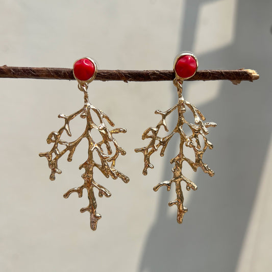 Red Stone Tree Drop Earrings