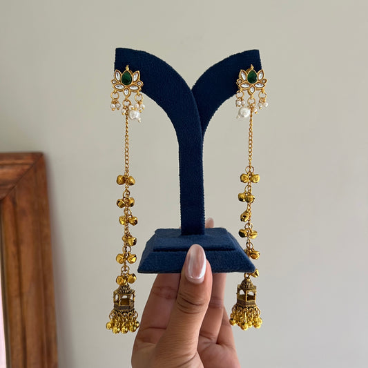 Emerald Lotus Long Chain Earrings