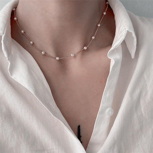 Pearl Thin Silver Chain Necklace