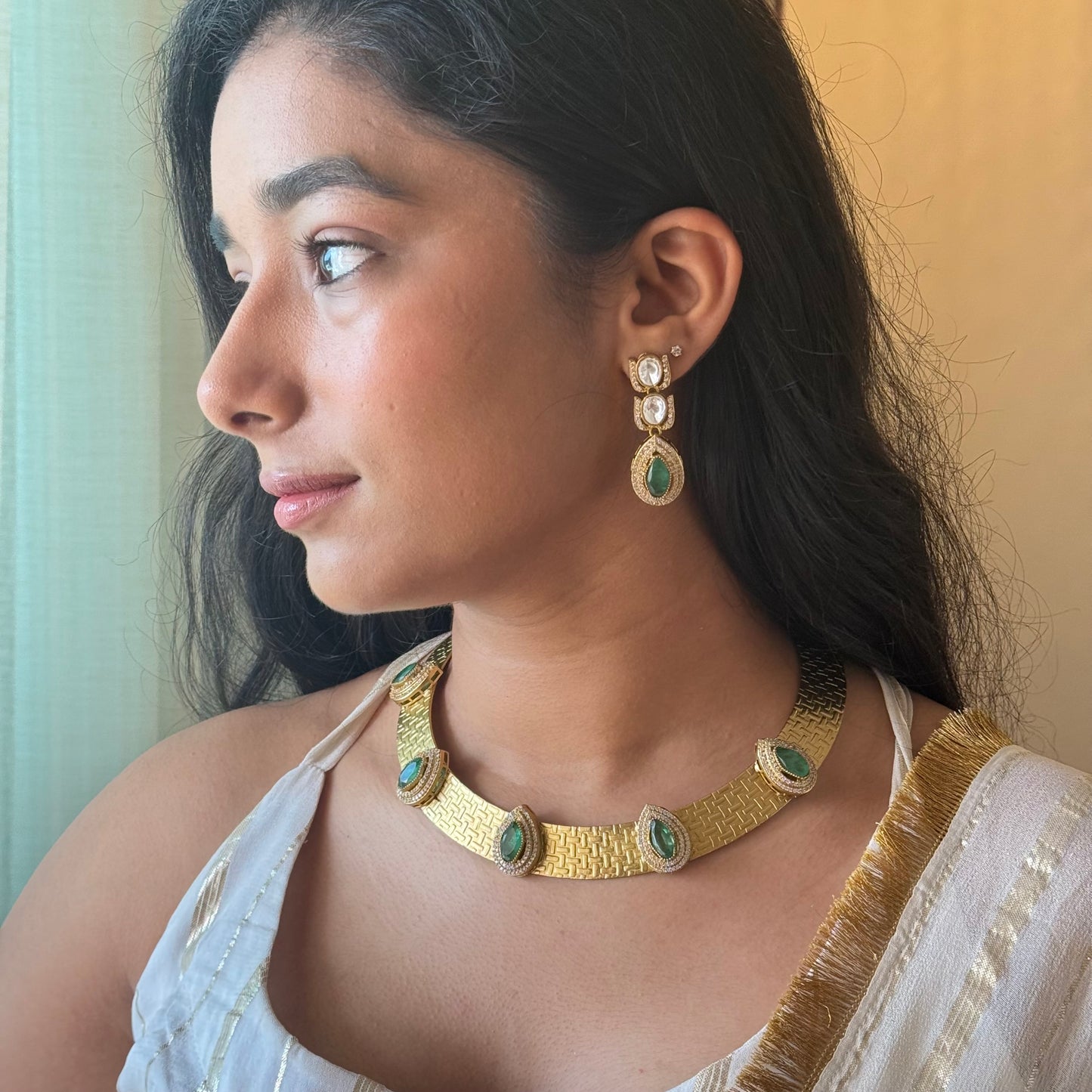 Jodha Emerald Handcrafted Brass Set