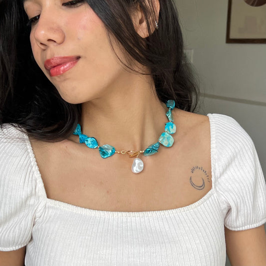 Blue Shell & Pearl Drop Necklace