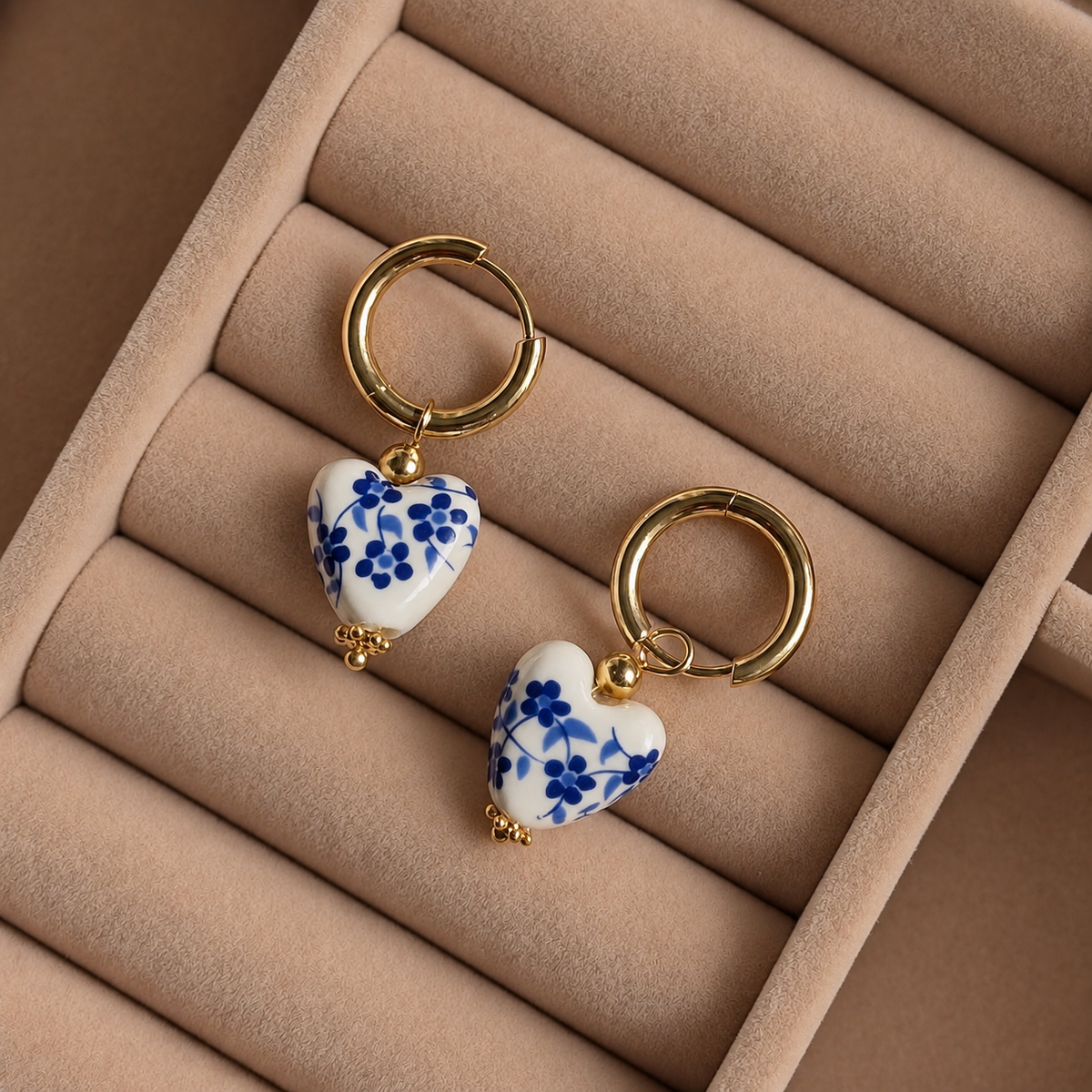 Retro Style Ceramic Heart Gold Hoops