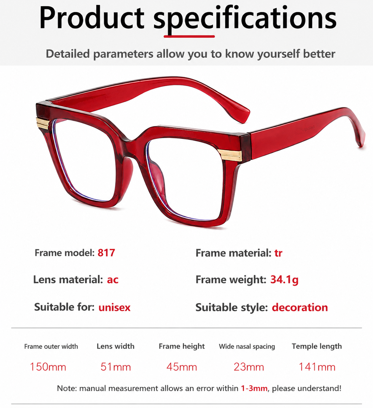 Red Real Bold With Gold Detailing Unisex Eyewear