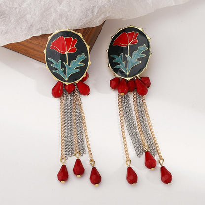 Red Bloom Tassel Earrings