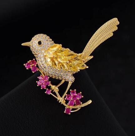 Golden Songbird Crystal Brooch
