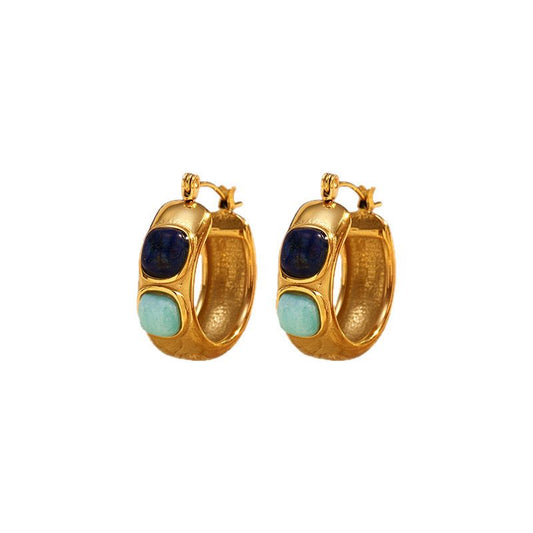 Blue Stone Gold Hoops