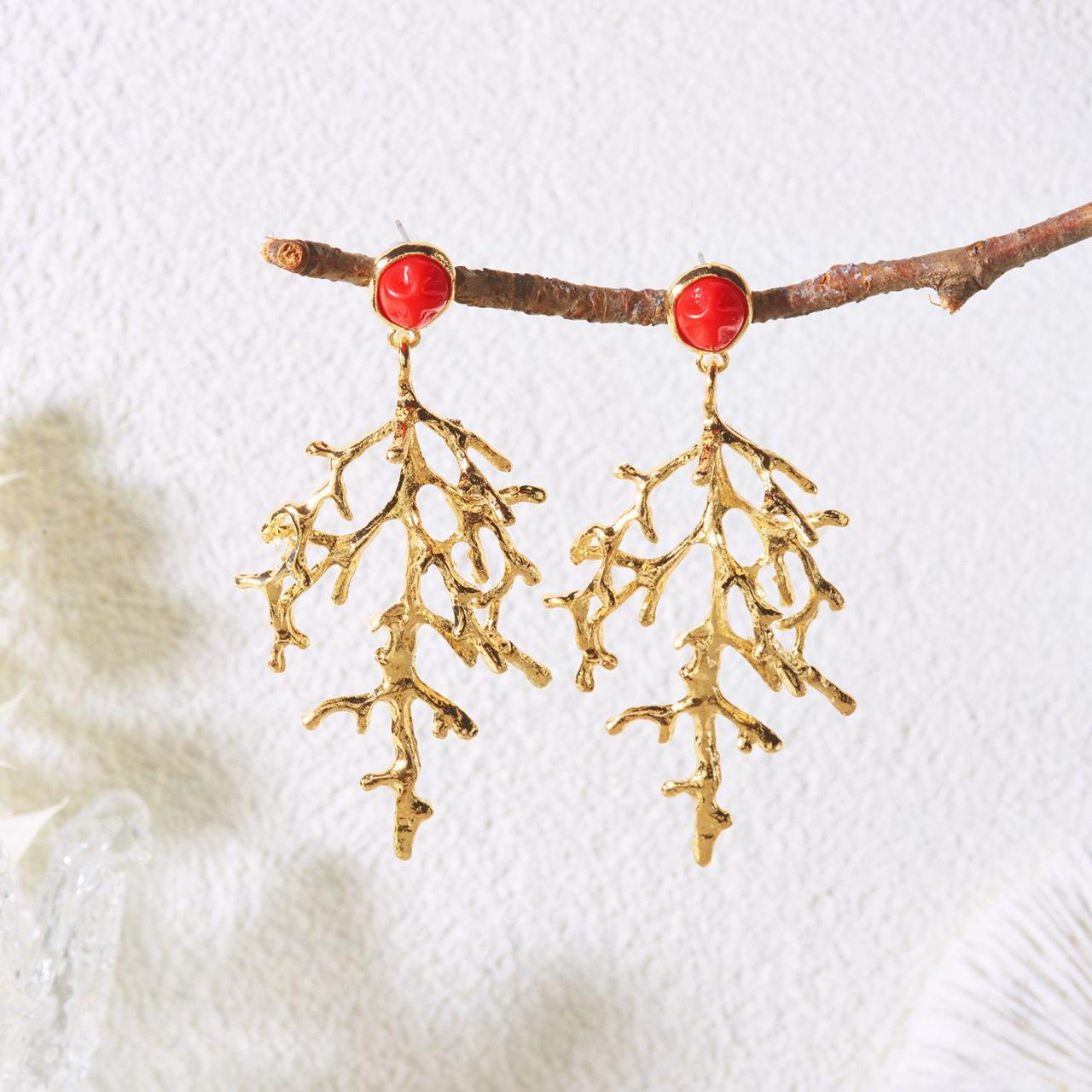 Red Stone Tree Drop Earrings