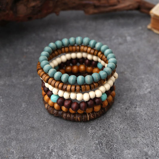 Bohemian Wooden Bead Bracelet Set