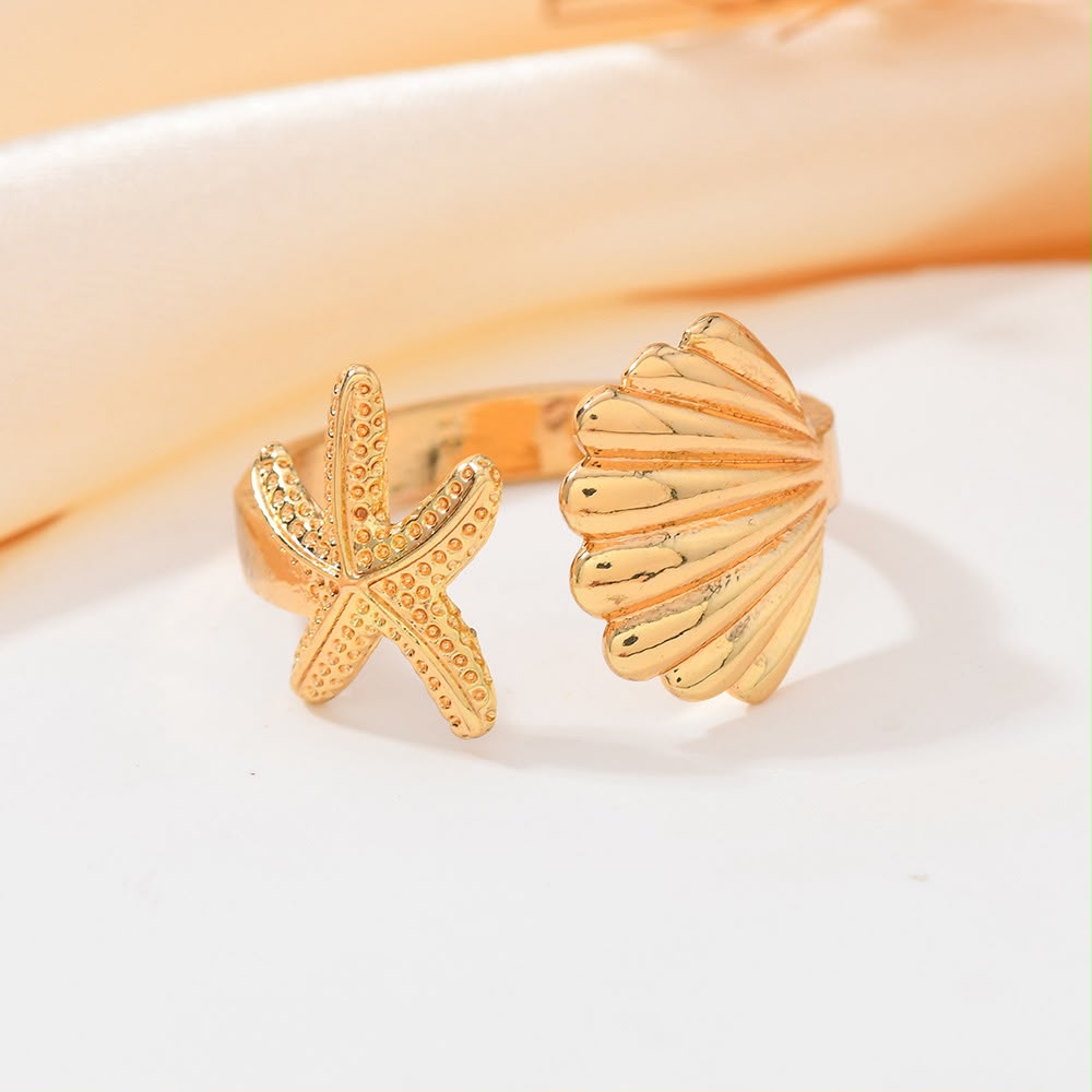 Starfish and Seashell Open Ring
