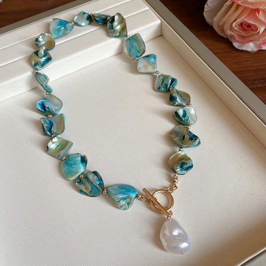 Blue Shell & Pearl Drop Necklace