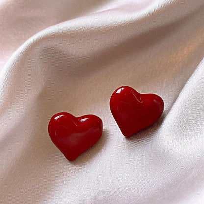 Glossy Heart Red Stud Earrings
