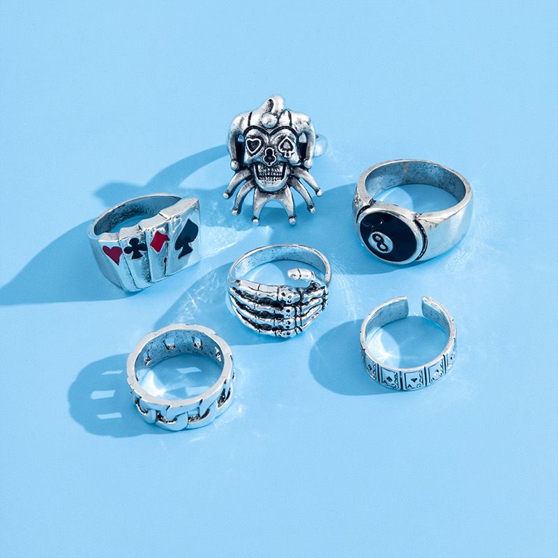 Gambler Antique Silver Ring Set of 6