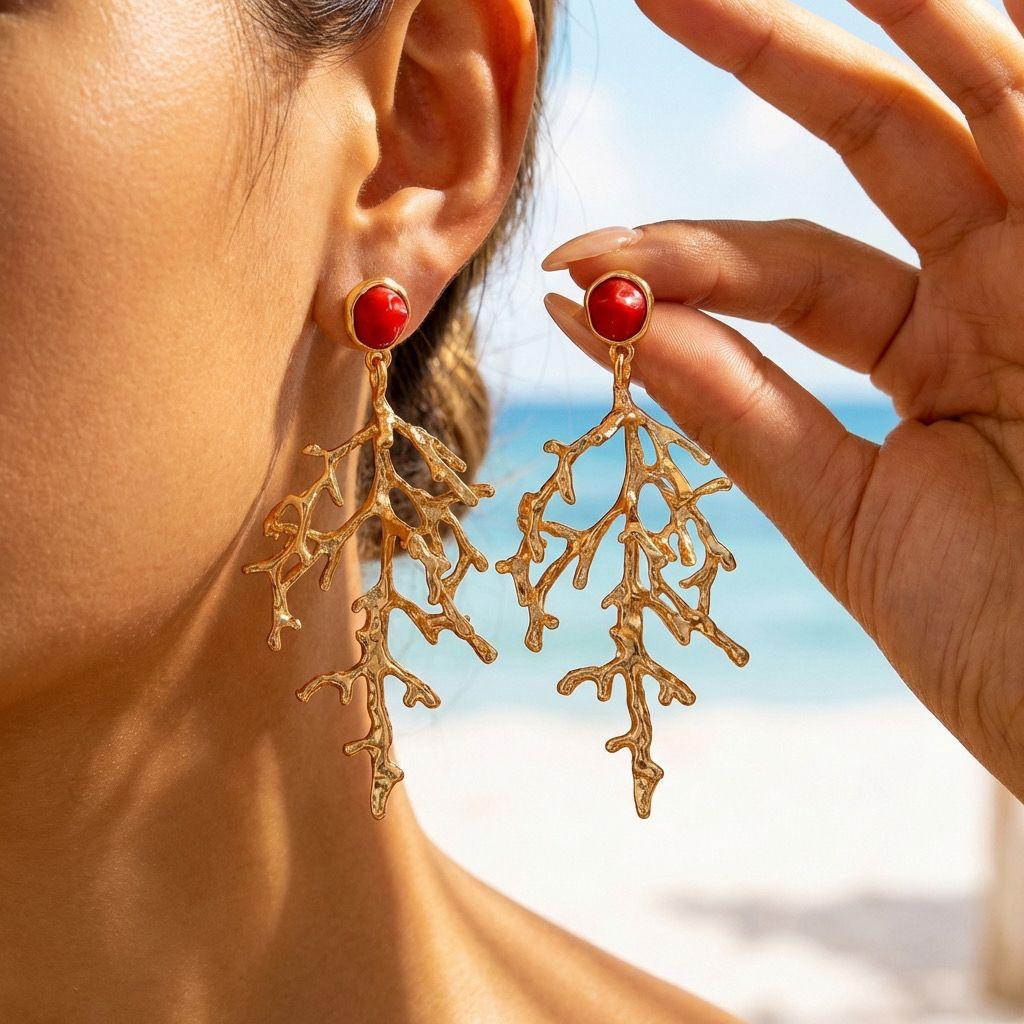 Red Stone Tree Drop Earrings