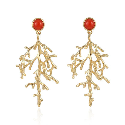 Red Stone Tree Drop Earrings