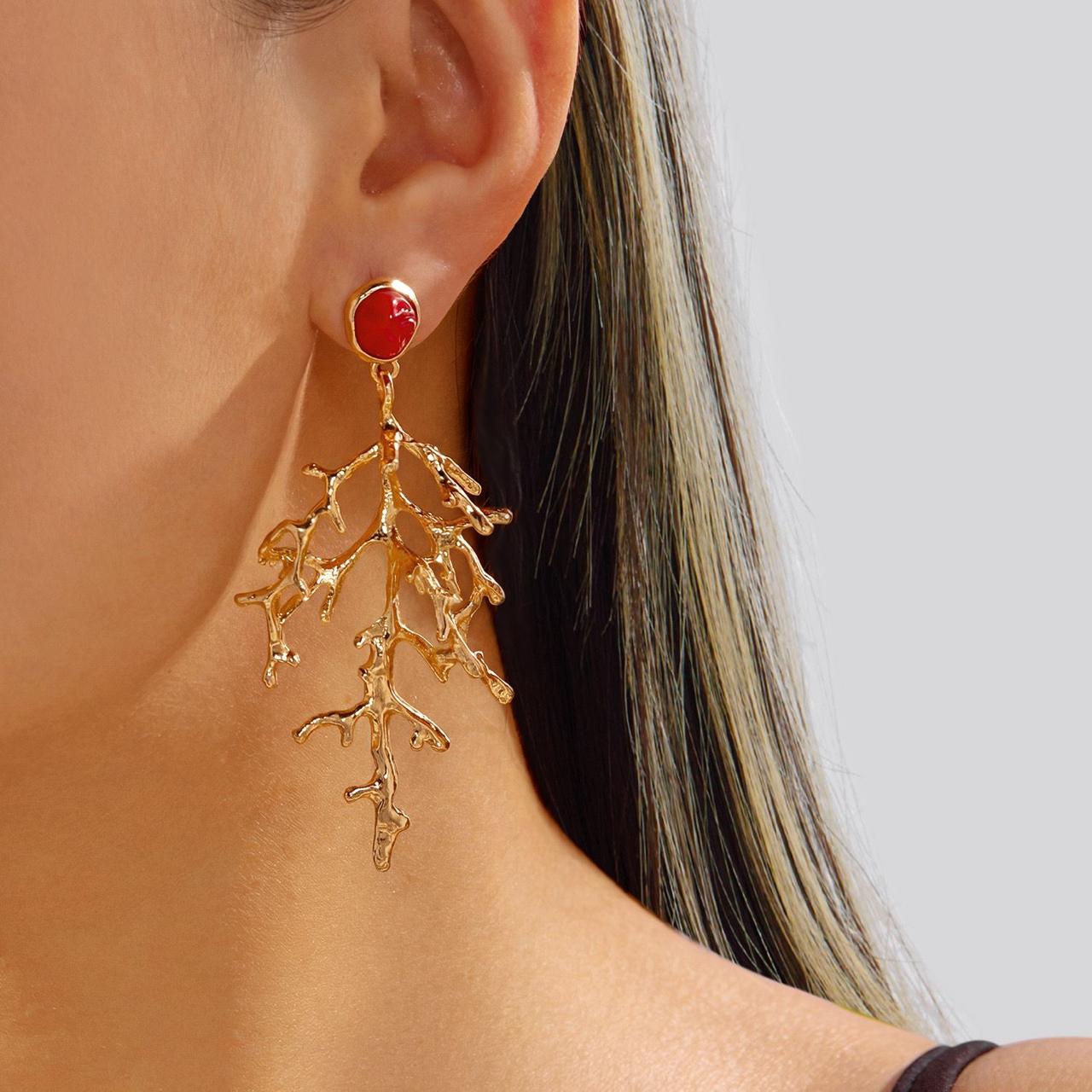 Red Stone Tree Drop Earrings