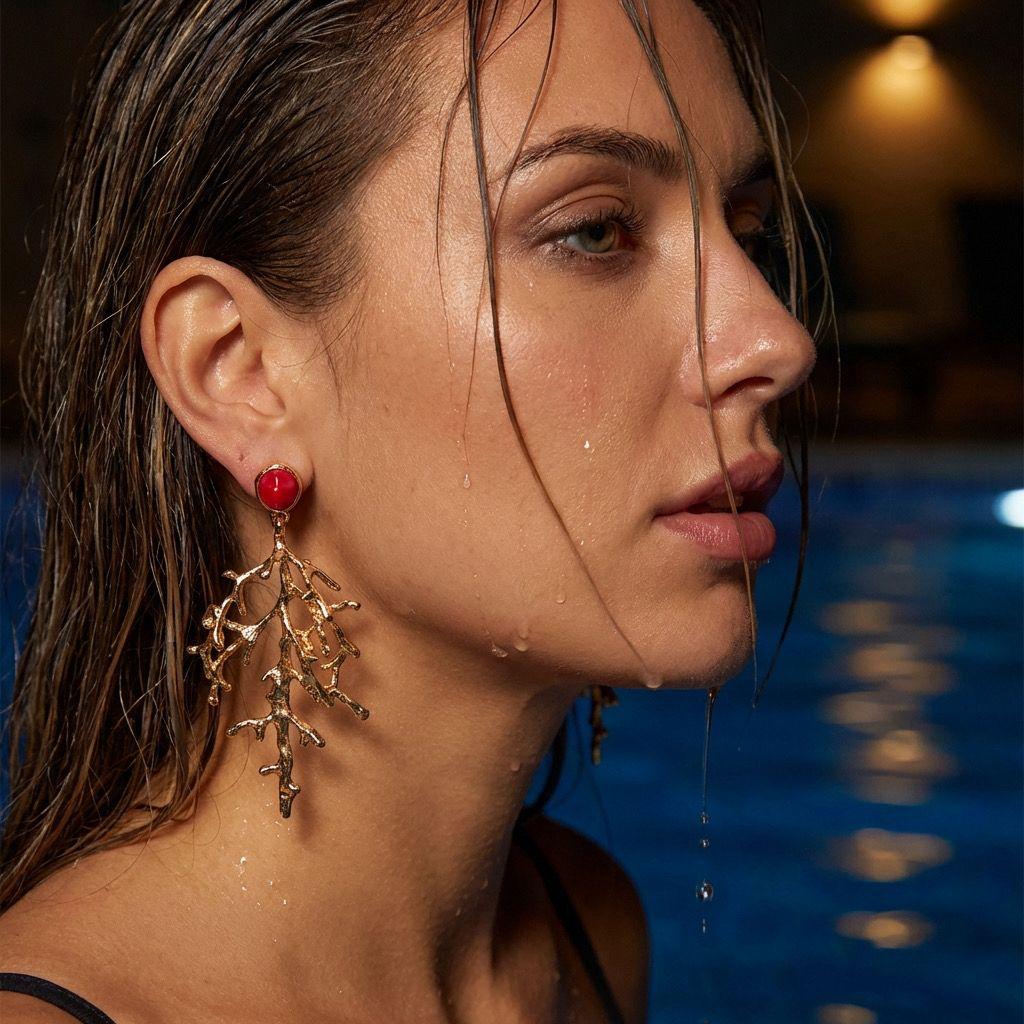 Red Stone Tree Drop Earrings