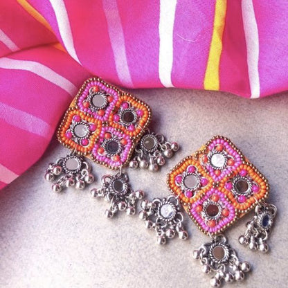 Mumtaaz Pink Mirror Handmade Beaded Earrings