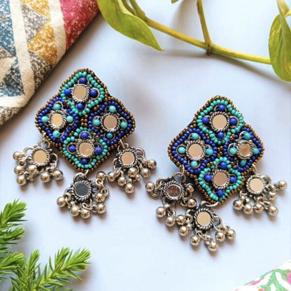 Mumtaaz Blue Mirror Handmade Beaded Jhumki